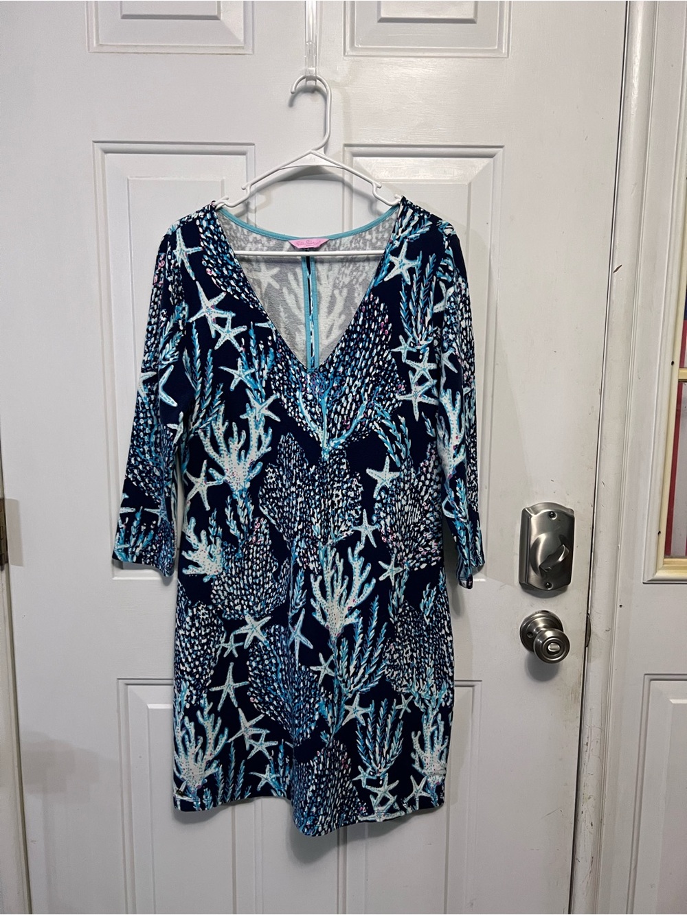 Lilly Pulitzer Clarke 86027 Good Reef Dress Navy Starfish 3/4 Sleeve Gold Logo